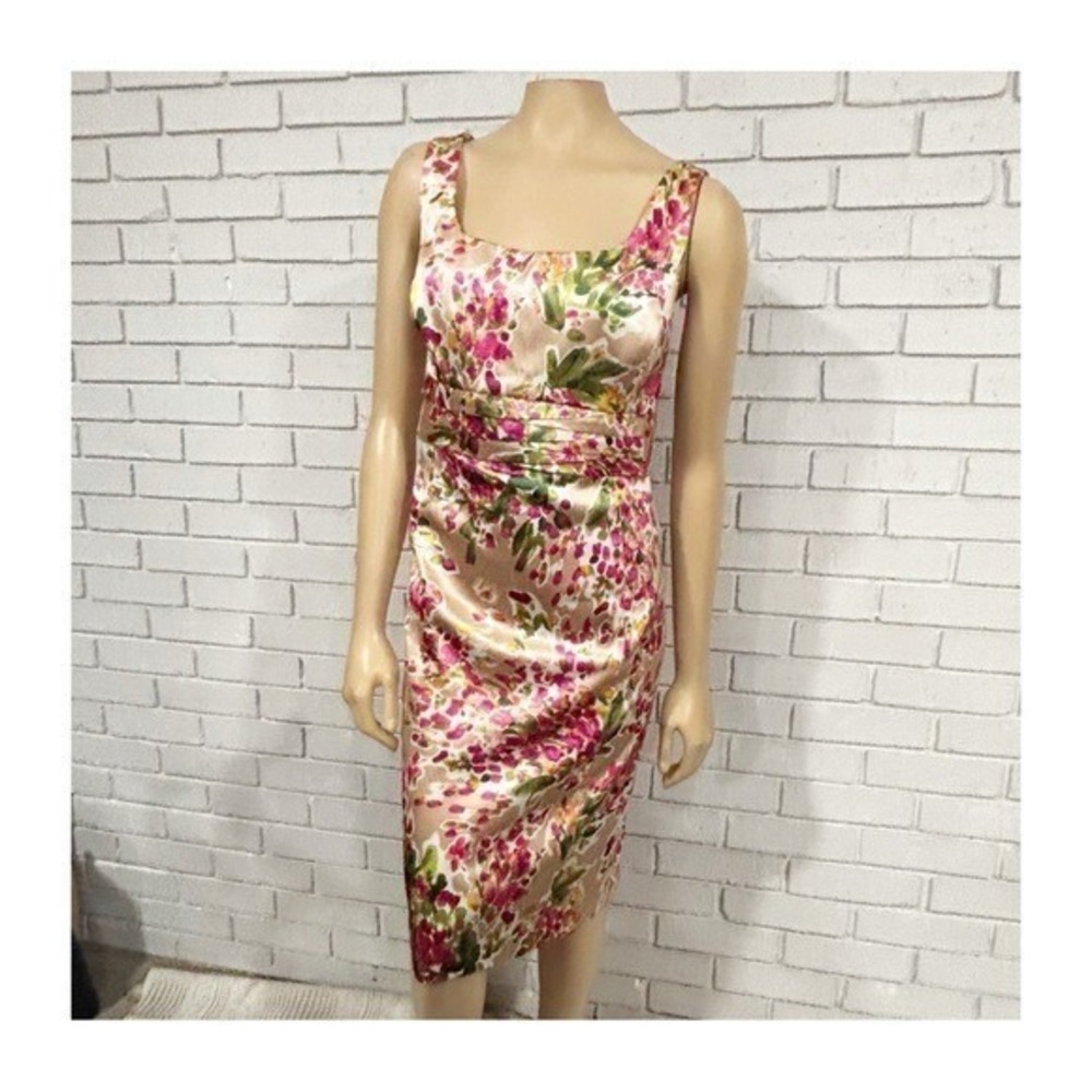 Jones New York Pink Green Floral Satin Ruched Sheath Dress Sz 14
